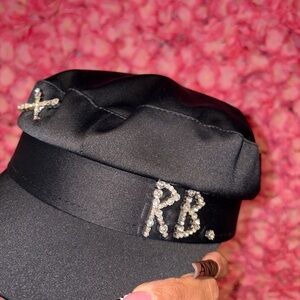 R & B Black Satin Cap with Rhinestone Accents